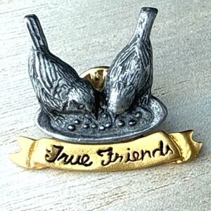 Vintage Marjolein Bastin True Friends Lapel Pin Bird Pewter Gold Tone 1999